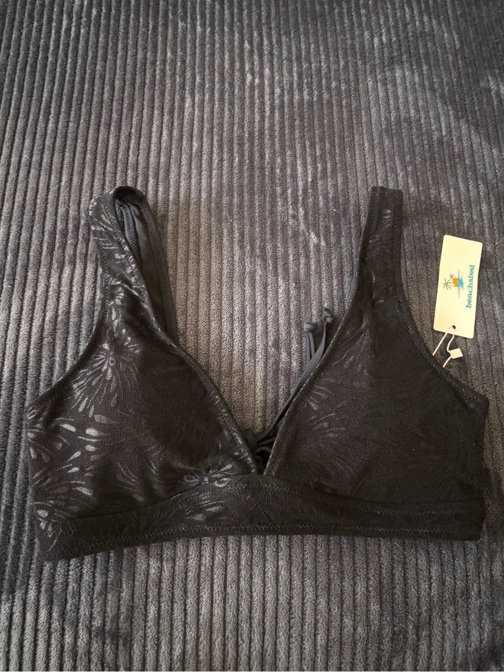Beachsissi Black Floral Mesh Lace-Up Bralette Bikini Swim Top Women’s M